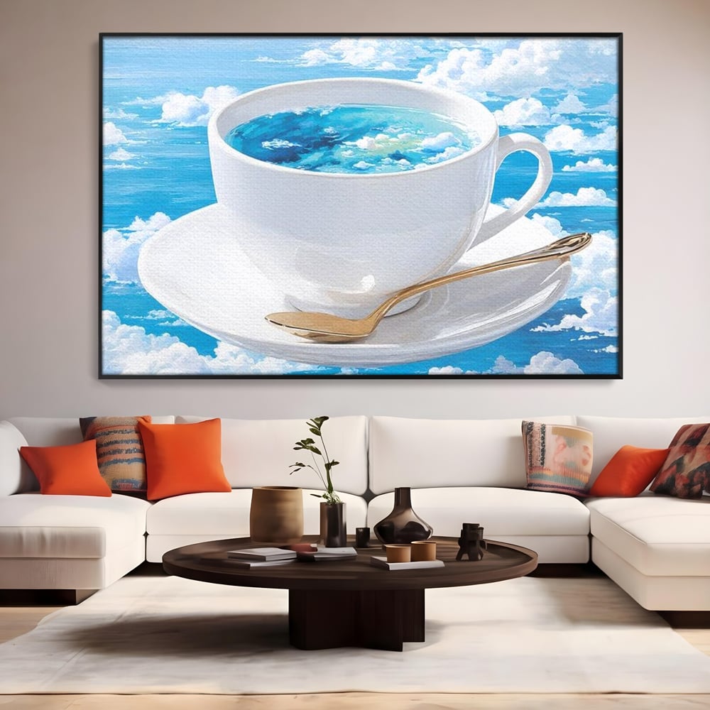 Tablou canvas cu tablou canvas cu ceasca de cafea si cer senin, in rama de aluminiu negru, pe perete intr-un living